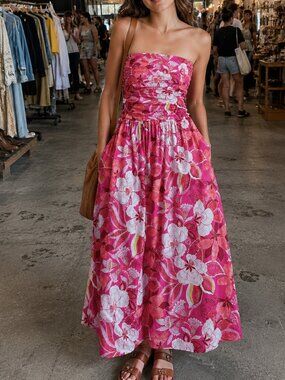 Band of the Free Strapless Ruched Floral Maxi Dress Smocked Fuchsia Pink S